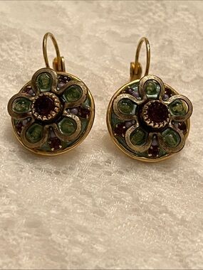 Michal Golan Gold Floral Drop Earrings with Green Accents and Red Centers